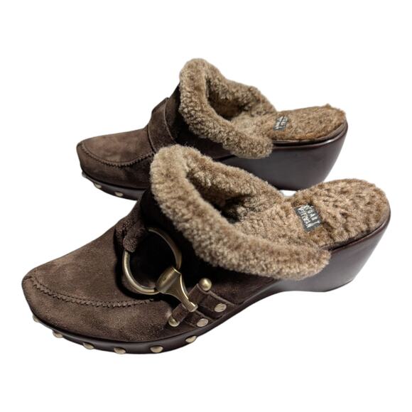 Vtg Y2K Stuart Weitzman Circuit Cola Brown Suede Shearling Lined Wedge Clogs 7 - Picture 7 of 7